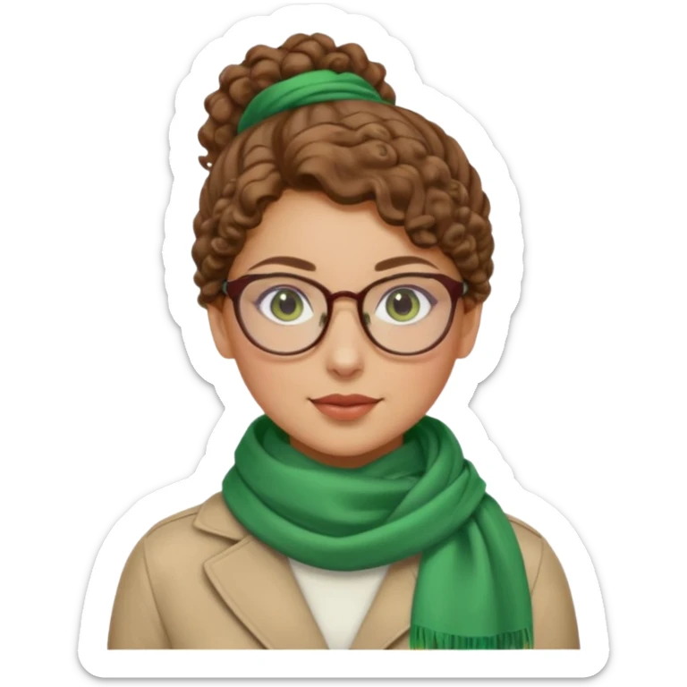 iranian woman, tight curly light brown hair in one high pony tail, glasses, green eyes, pretty, oval shape face, no hajib, scarf on neck sticker