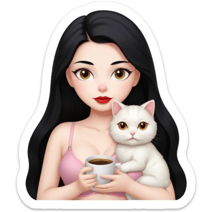 Beautiful Girl Long Hair black, Brows Big , Skin White, bra Pale Pink , Big Red Lips, EyesCoffe , Big hug Little baby Persa Cream Cat With Cute Eyes sticker
