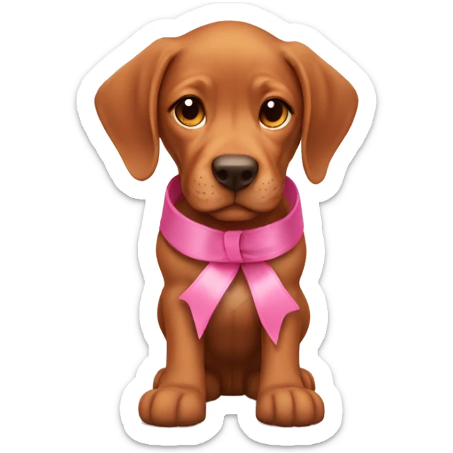 A female vizla puppy with a pink ribbon around her neck and cowboy boots on sticker