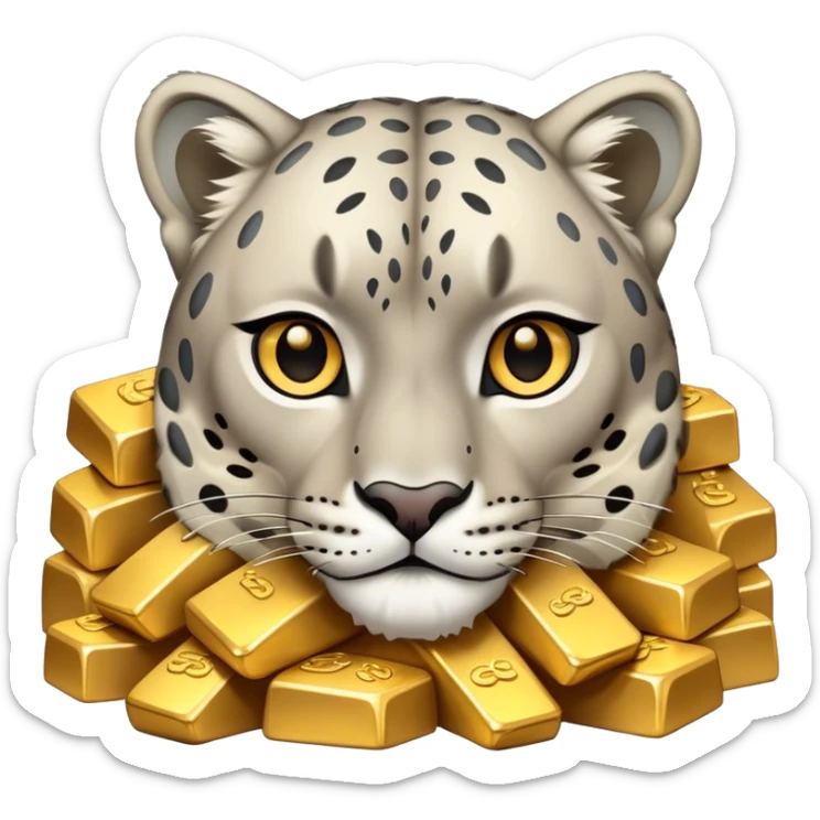 snow leopard symbol of Kazakhstan looking on pile of gold sticker