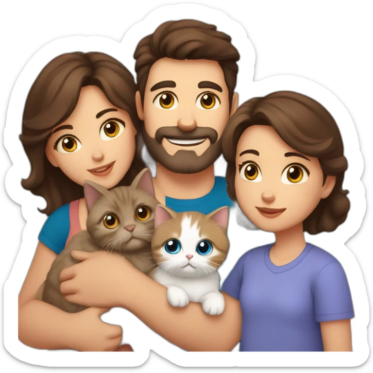 Family with dad with brown eyes and short dark hair, mother with blue eyes and wavy brown hair, young baby, one Persian cat sticker