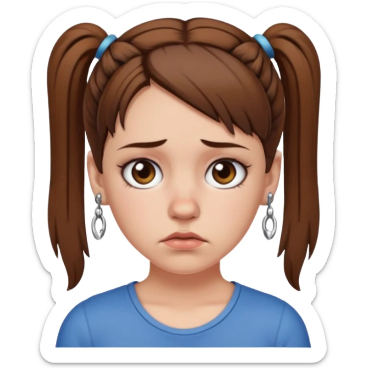 a white girl with brown hair in short pigtails with piercings frowning sticker