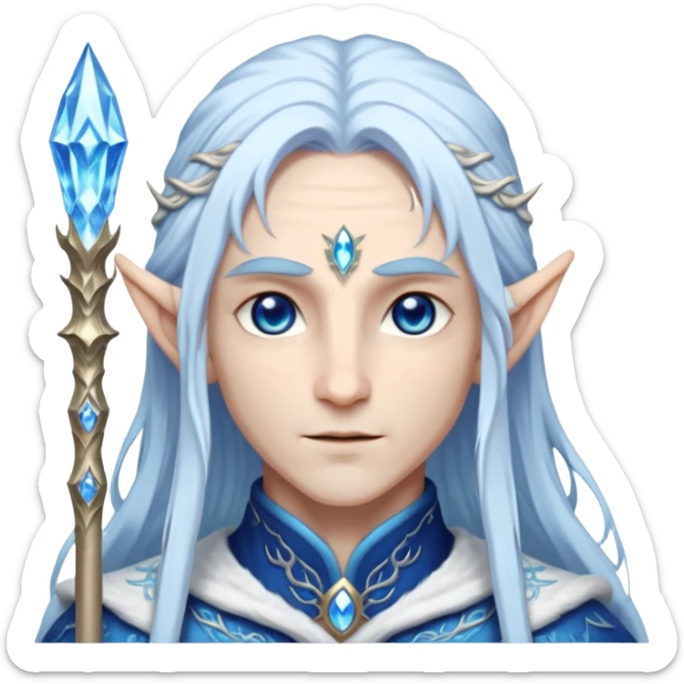 Legendary fantasy Christmas elf portrait icon, Santa Claus and Snow Maiden inspired, ancient winter spirit style, long flowing white-blue hair, glowing frost eyes, crystal staff, elegant elven features, divine winter magic aura, icy silver color palette, highly detailed but clean emoji icon male sticker