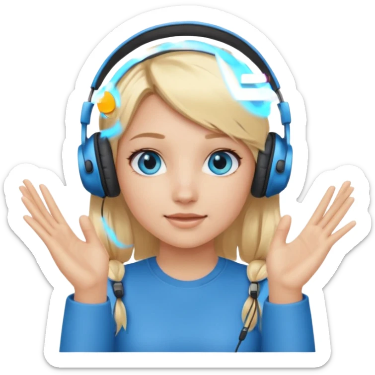 girl with blonde hair and blue eys, having on ears heaphones, with heands telling what  sticker