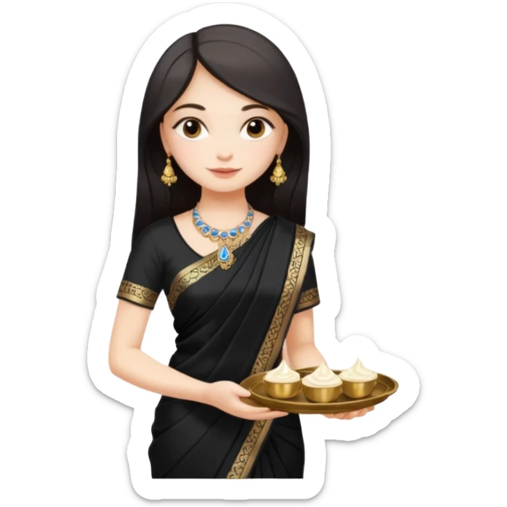 Russian girl in Indian black saree with full image from head to leg and holding a cream colour small tray in her both hands sticker