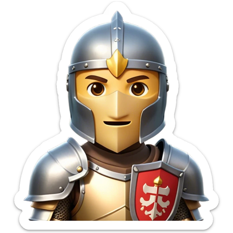 Clash of Clans style friendly Knight Portrait Emoji, With simple armored build featuring a gleaming suit adorned with simple heraldry and a covered fave behind a visored helm, his face rendered in a natural skin tone (not yellow), Simplified yet dynamic features, highly detailed, glowing with a cool, steely radiance, high shine, courageous and resolute, stylized with an air of chivalric valor, focused and stalwart, soft glowing outline, capturing the essence of a valiant knight ready to charge into epic quests with honor! sticker