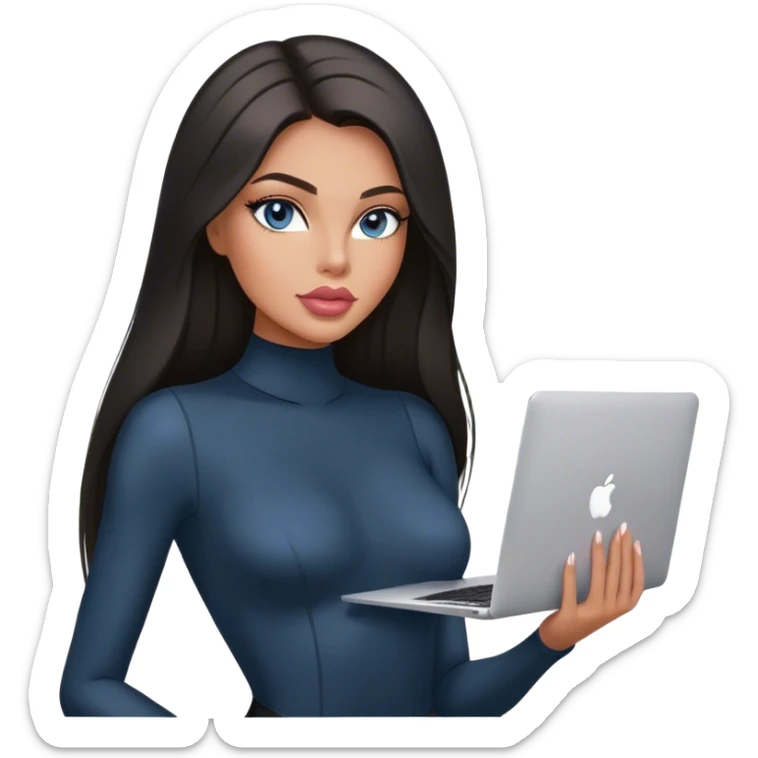 Glamours, tanned, very beautiful girl, with big pump peach-beige-rose lips, black straight smooth silky long hair, straight parting, blue-grey eyes, in bodysuit holding MacBook sticker