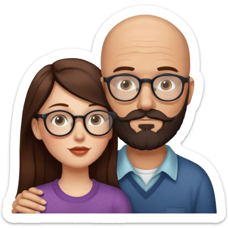 Couple. Bald man with dark brown-black beard. White woman with many small, faded freckles, she has white skin and she has auburn-brown-cinnamon, dark long hair. She has light brown eyes. The man have hazel eyes and the man wear glass. She have light eyes. Retro style. She kisses him. sticker