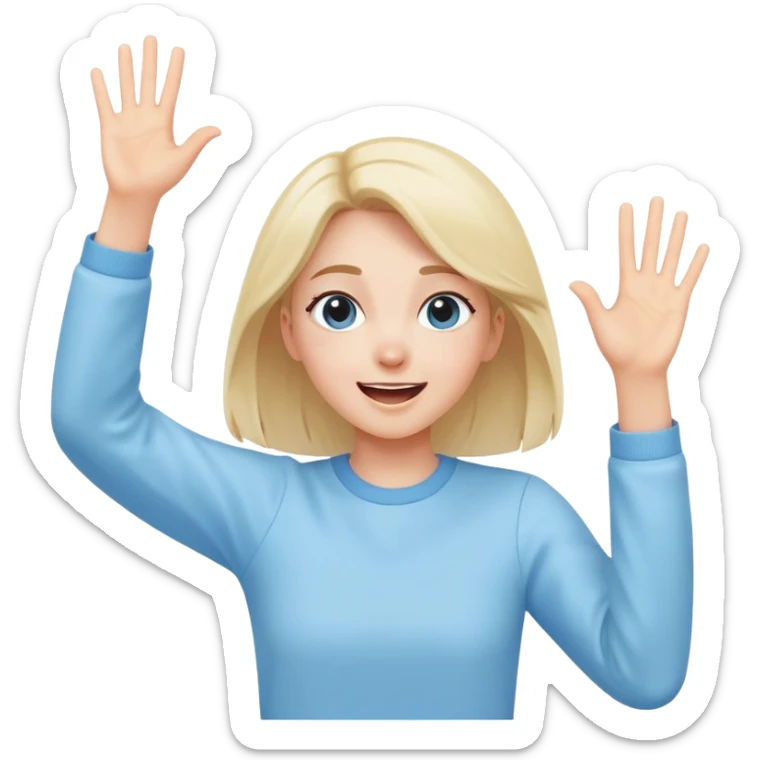 girl wearing pastel blue clothes with arms raised in excitement making a hurray celebration gesture sticker