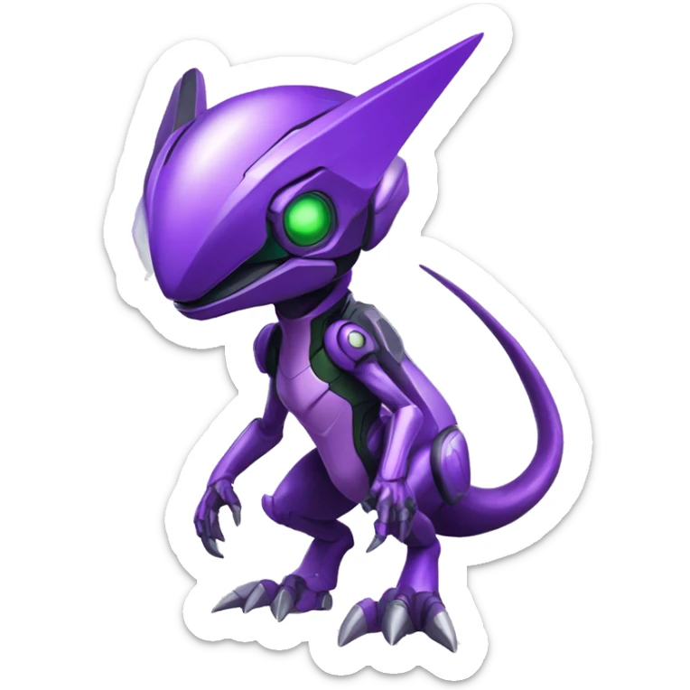 a chibi-style purple-green Genesect-Raptor-Fakémon—hybrid with a futuristic visor-helmet full body sticker