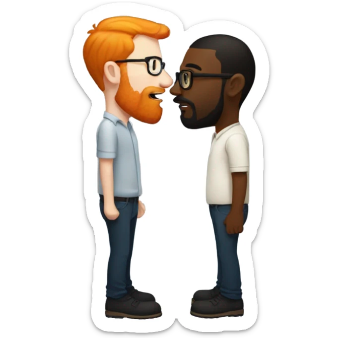A bearded short hair ginger man with glasses giving a kiss to a slightly taller black man with short Beard sticker