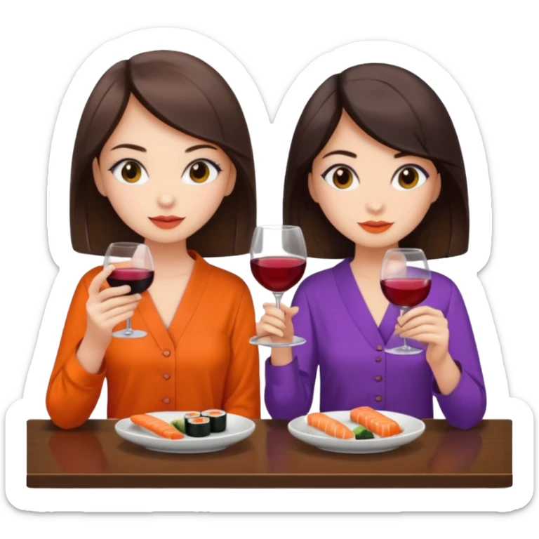 Two brunette girls eating sushi and drinking wine, first girl has a purple blouse and the second girl has an orange blouse sticker