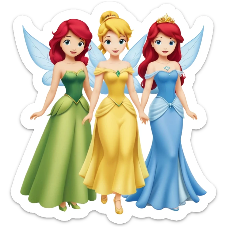 four minimal Disney princesses in one image: Belle with yellow dress, Tinkerbell with wings, Ariel with red hair and tail, Cinderella with blue dress sticker