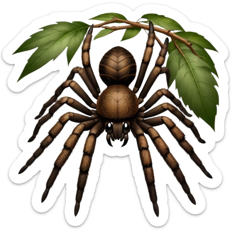 Giant hairy tarantulas (bird-eating spiders) in their natural habitat, surrounded by leaves and branches, with detailed textures of their legs and fur. Soft lighting highlights their features. Transparent background. sticker