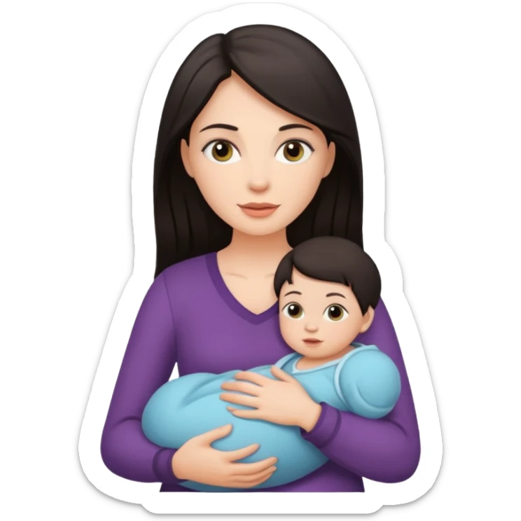 Beautiful white woman with dark hair holding a baby sticker