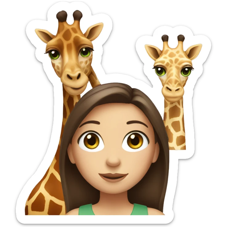 girl with brunette hair and green eyes with a giraffe sticker