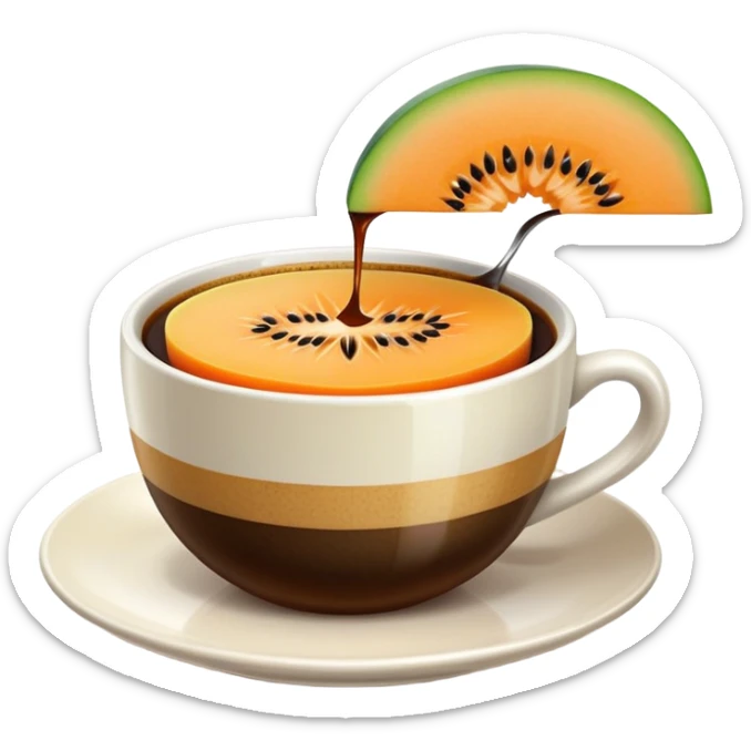 carajillo in a small espresso coffee cup with a slice of cantaloupe melon on the side sticker