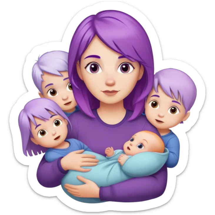 White woman with purple hair holding a baby with other little white kids with normal hair colors around her sticker