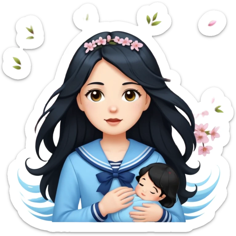  A white girl with a Black long hair, and a baby blue sailor suit, enjoying the spring breeze，Wearing cherry blossoms on your hair sticker