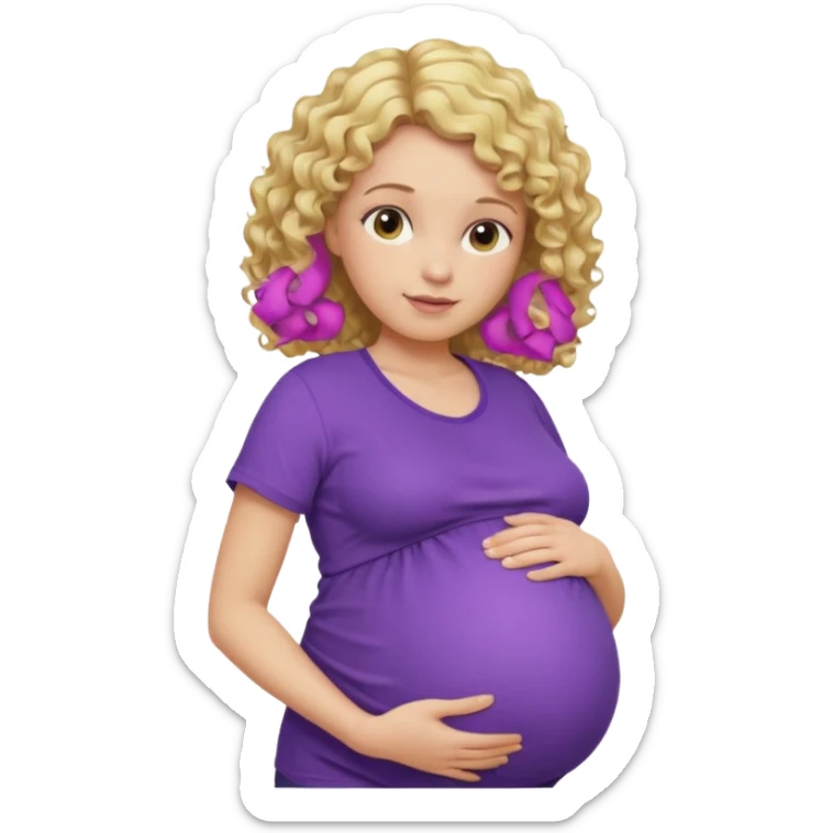 pregnant woman, blond curly hair, purple shirt, head, neck and abdomen only sticker