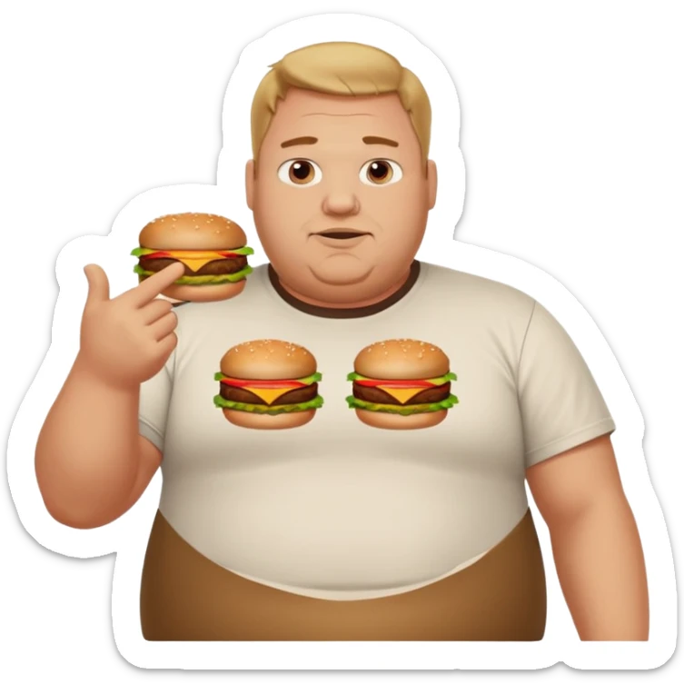 A very fat guy in an Alex Zero T-shirt, holding burgers, giving likes and dislikes, and pointing at KFC. sticker