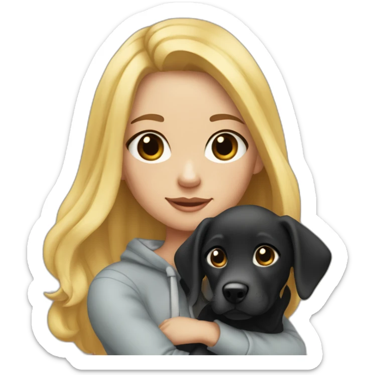 A blonde girl  with smooth hair and a ray in the middle of his hair, she has light skin a few freckles, and she wear a hoodies and she Carries in his arms a black baby labrador dog  sticker