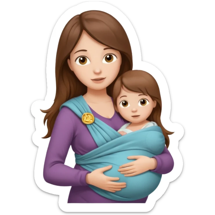 Pregnancy babywearing mom with long brown hair and fair skin with a small baby and wrap  sticker