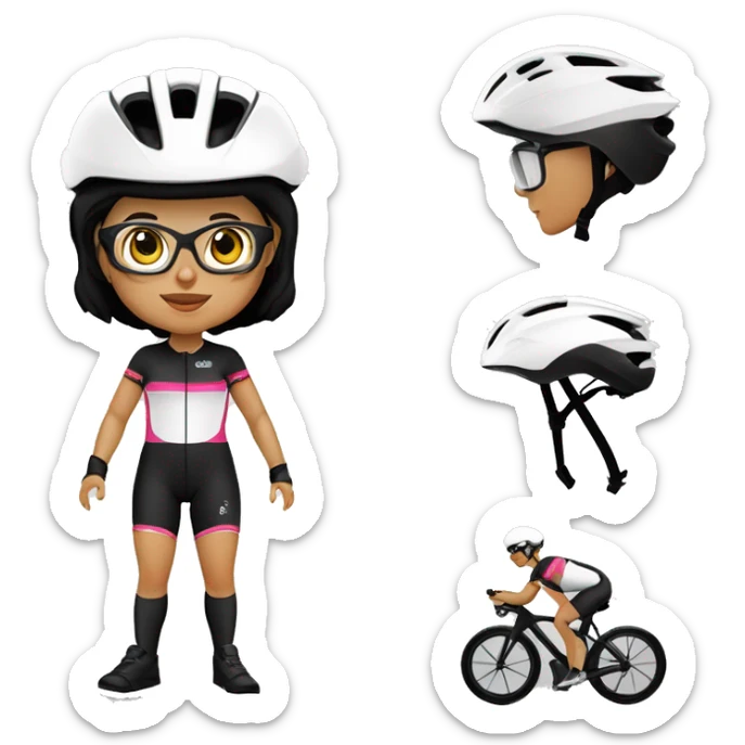 Ciclista MUJER de piel morena clara de contextura delgada estatura alta con zapatillas de ruta blancas licras negras y maillot blanco casco blanco y gafas negras con barba regular sticker