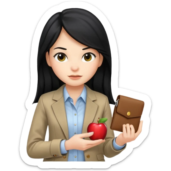 a girl with long black hair, neutral expression, business style clothes (shirt, jacket), holding a wallet, Apple Memoji emoji style sticker