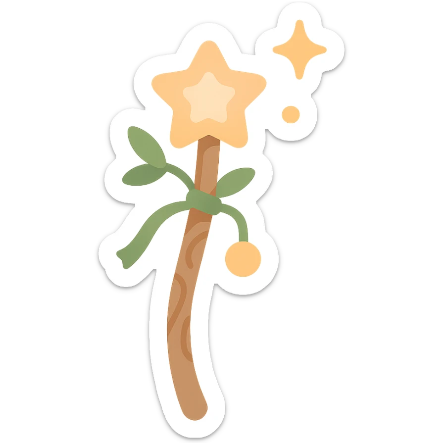 "A cute and magical wand with an elegant, whimsical design, incorporating a color palette of golden orange (FA9B41), forest green (4A7C5C), soft taupe brown (96775A), and pastel peach (FFCC9A). The wand is slender and slightly curved, made of smooth wood with delicate carvings. At the top, there's a glowing gem or star in peachy tones, surrounded by tiny sparkles. Decorative elements like a ribbon, tiny leaves, or a small charm add a cozy, storybook-like charm. The overall look is gentle, enchanting, and magical, perfect for a forest fairy or a kindhearted young wizard." sticker