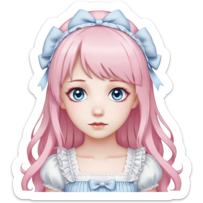 sweet lolita long light pink hair grayish blue eyes pale skin white dress sticker