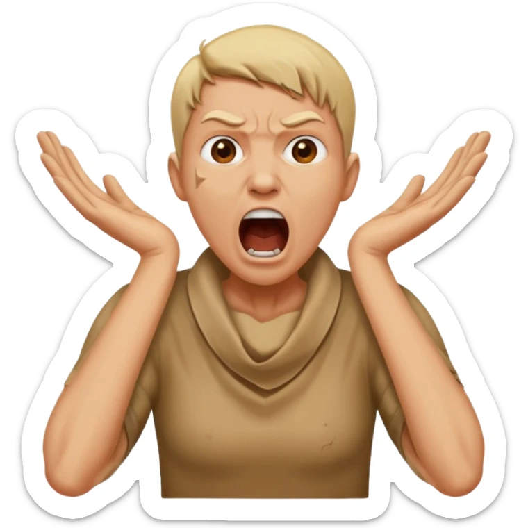 a bust of a person with both their hands around their neck with a face yelling sticker