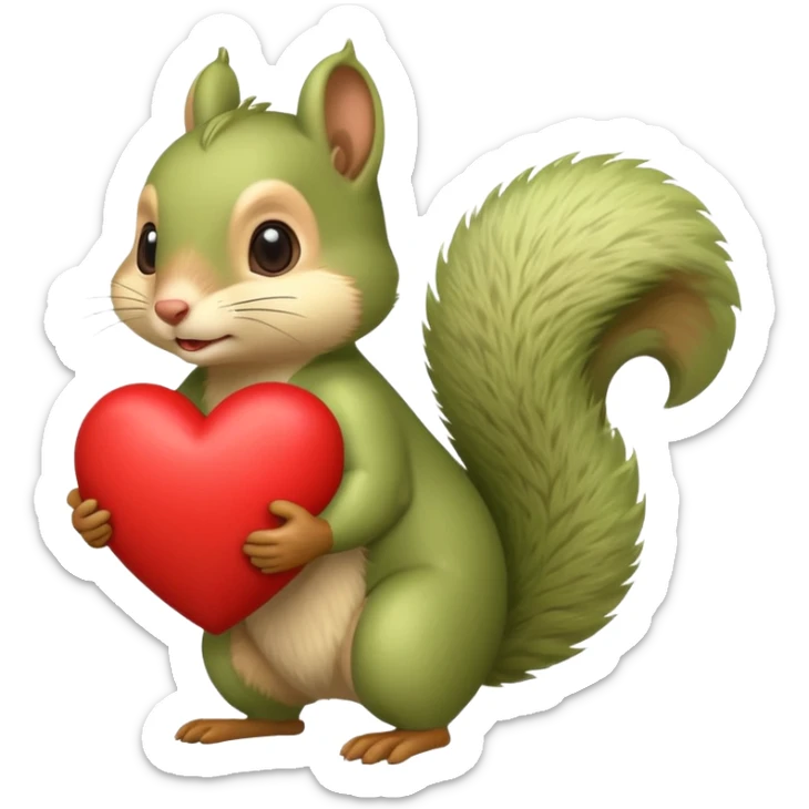 Soft yeşil bir sincap kocaman bir kalp taşıyor sanki karşında çok sevdiği biri varmış gibi sticker