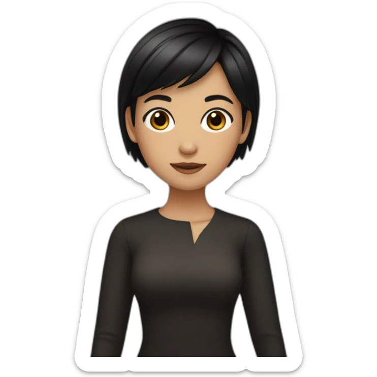 A girl with short black hair, wheat-coloured skin, wearing black  sticker