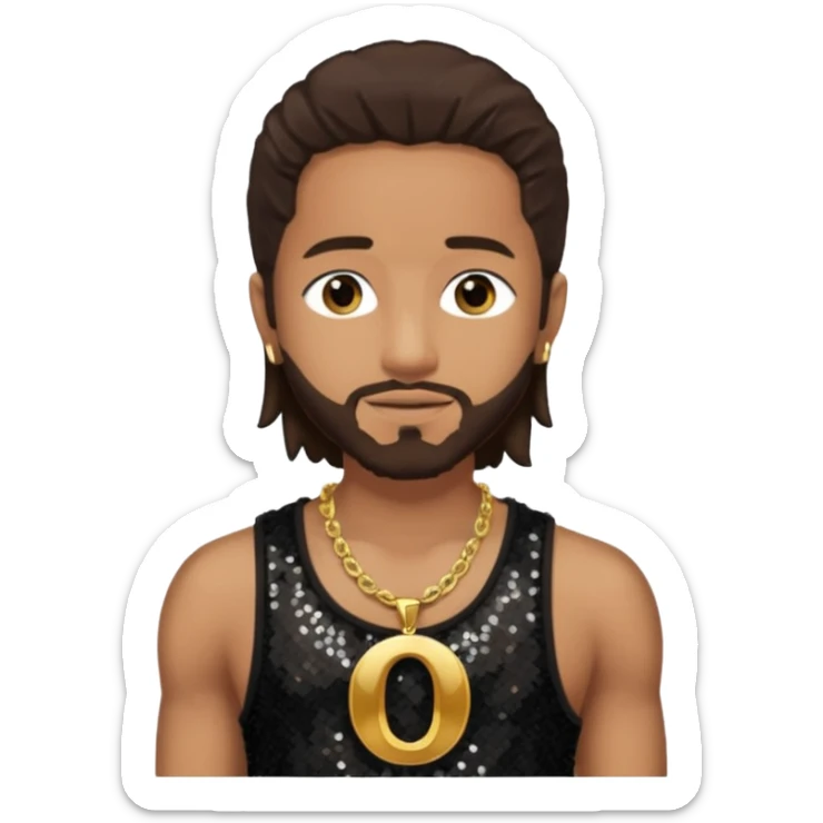 Omarion with long dark brown hair, dark brown sequin tank top, necklace with letter o sticker