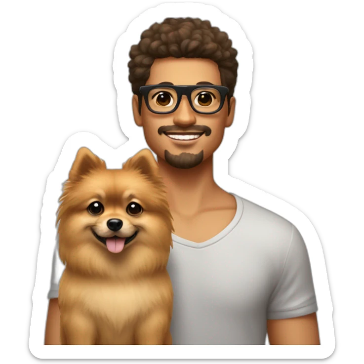 Hombre joven moreno pelo corto con lentes transparentes y su perro Pomeranian  sticker