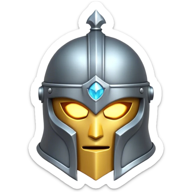 Clash of Clans aesthetic: Cinematic Playful 3D Isometric steel helm Emoji, rendered in a 3D vector-style similar to standard emojis with minimal shading and bold, simplified shapes. A compact, distinct form with signature details, softly glowing with a fantasy RPG magic charm. Simplified yet unmistakably iconic, highly detailed and consistent, glowing with a soft radiance and high shine. Stylized with a touch of heroic grandeur and a soft glowing outline, capturing the essence of a beloved gaming relic with a friendly, playful manner! sticker