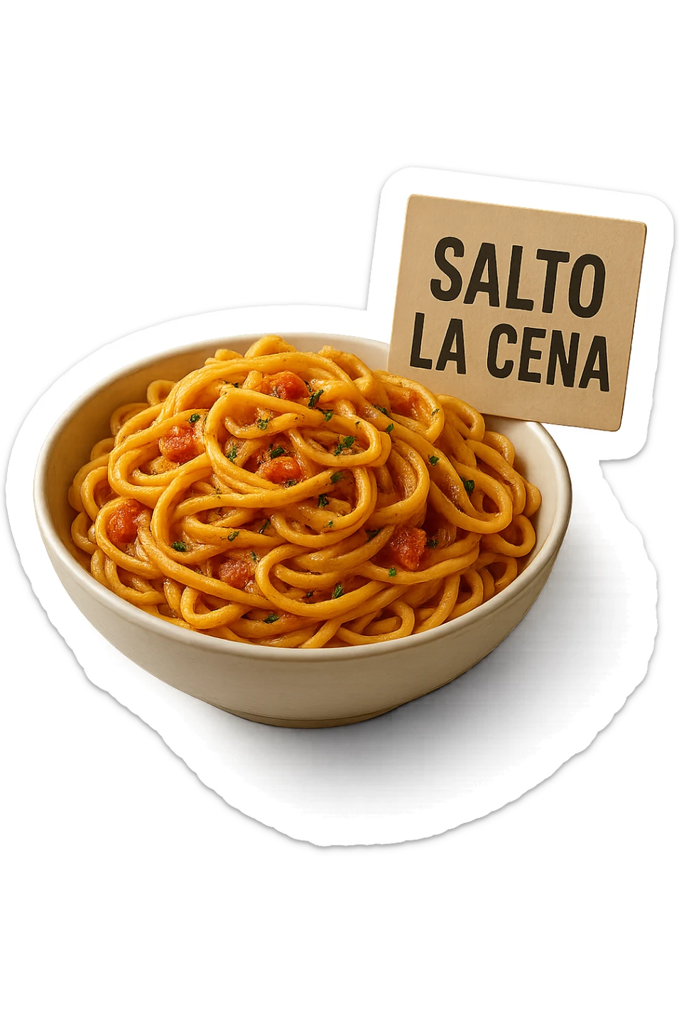 BOWL DI PASTA CON CARTELLO CON LA SCRITTA "SALTO LA CENA",  iperrealistico 4k sticker