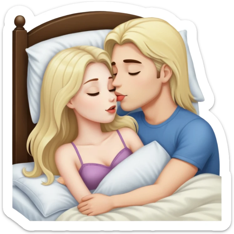 girl with long dark brown hair and pale skin kissing a blonde man in bed sticker