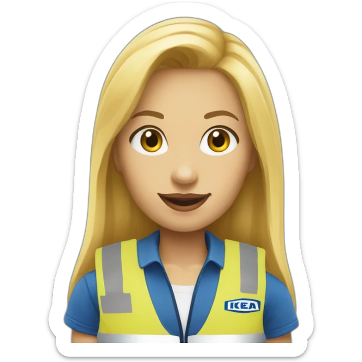 Ikea coworker blond woman blue stripes t-shirt and yellow security vest sticker