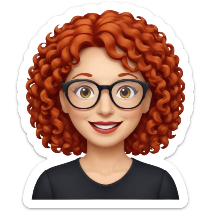woman in her 50s, curly red hair, wearing glasses, cheerful look, emoji style sticker