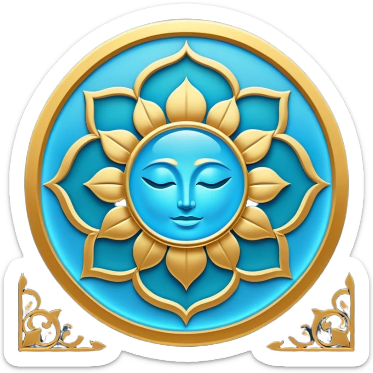 Un libro book dorado y azul celeste con detalles esmeralda, bordes luminosos y un símbolo de círculo zen, loto en la portada, irradiando presencia, tranquilidad y despertar espiritual. portada de libro sticker