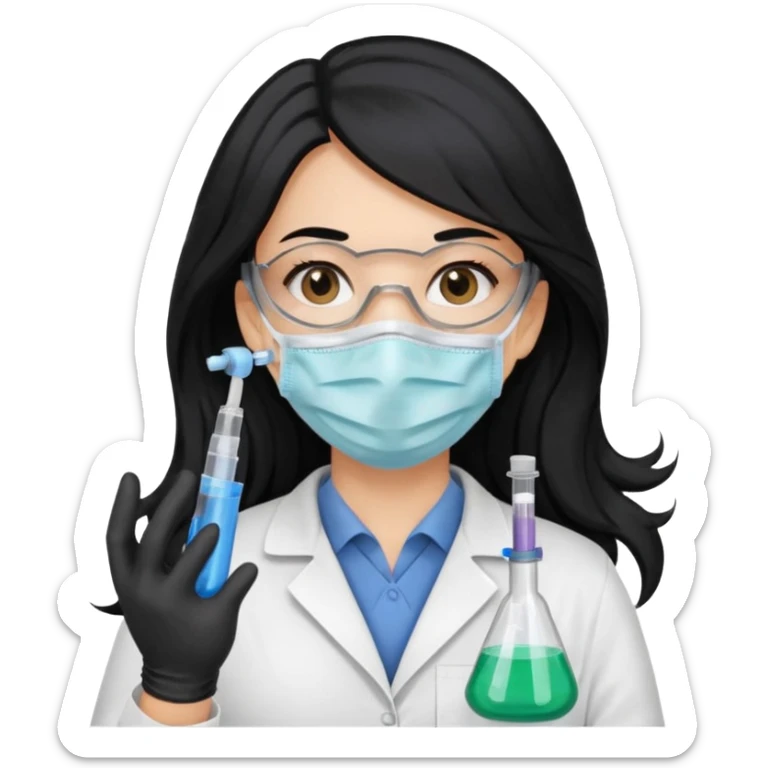 medica con guantes  y mascarilla e insumos laboratorio  jeringa tubos  pelo negro largo triguella sticker