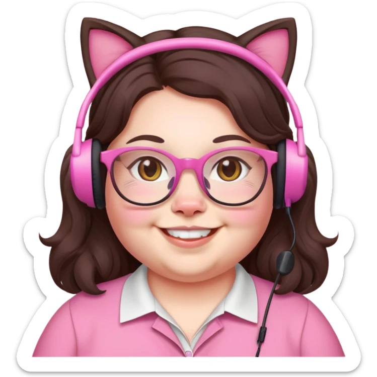 chubby English teacher, smiling, pink cat glasses, long wavy dark brown hair, face only, subtle gamer headset, classroom background, emoji style sticker
