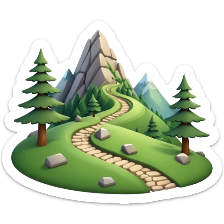 A 3D cartoon mountain trail winding up green slopes with stones and pine trees, distant peaks in background, warm daylight, Memoji-style. sticker