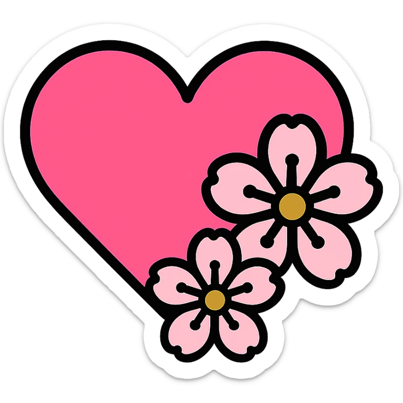 pink heart with sakura flowers, color outline icon style, clean lines and vibrant colors sticker