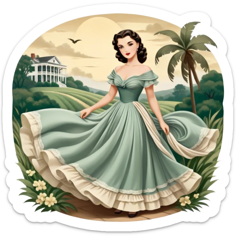 Icon for Romance Movie: A vintage movie poster-style design inspired by Gone with the Wind. Include romantic, sweeping imagery like Scarlett O'Hara in a flowing dress, Rhett Butler, a plantation backdrop, and fluttering wind-blown fabric. Soft, nostalgic cinematic feel. Transparent background. sticker