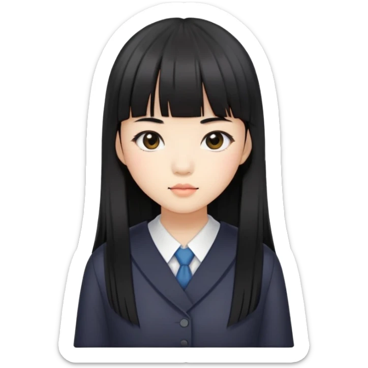 Asian schoolgirl with straight black hair, long length, and blunt bangs sticker