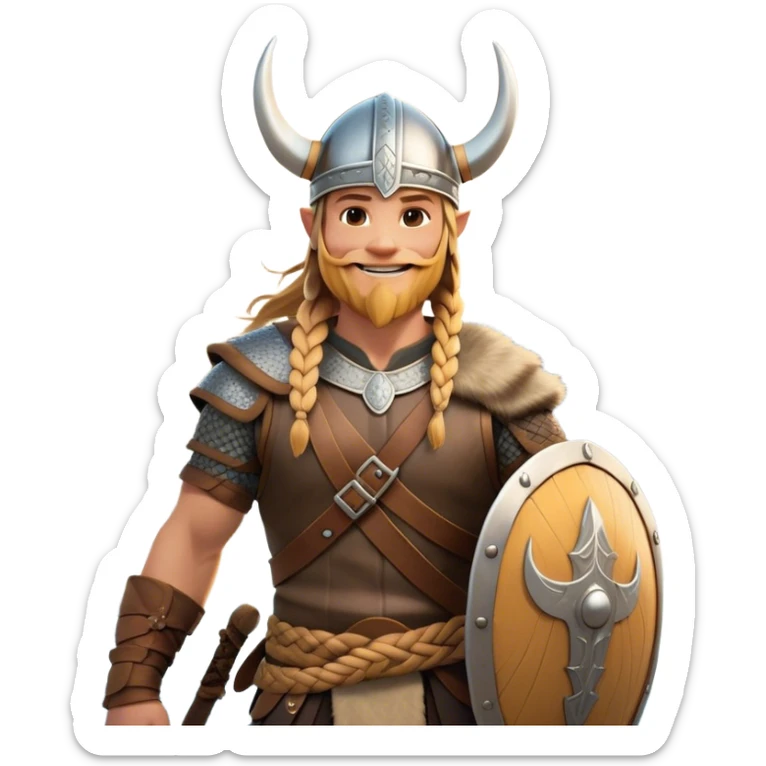 Clash of Clans aesthetic: Cinematic Cheerful Viking Portrait Emoji, With a bright, confident smile and a relaxed, adventurous stance, showcasing a stylized, spirited build with a classic Viking helmet and braided hair, his natural skin tone lending authenticity, Simplified yet expressive features, highly detailed, glowing with a soft, golden Nordic radiance, high shine, upbeat and courageous, stylized with an air of classic Viking heroism, soft glowing outline, capturing the essence of a cheerful Viking ready to embark on legendary quests! sticker