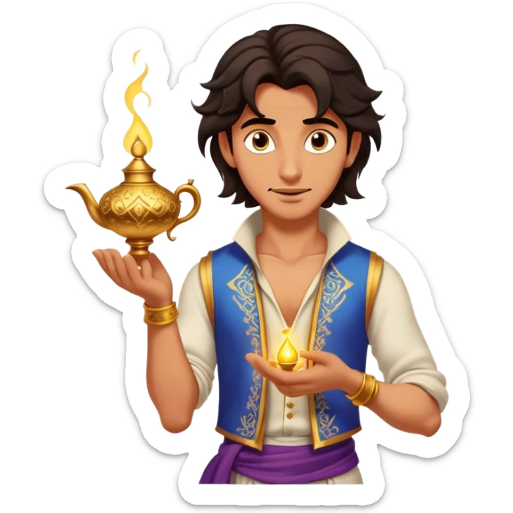 Cinematic Realistic Aladdin Portrait, depicted with lifelike, warm skin textures and a confident yet approachable gaze. His dark, wind-tousled hair frames expressive eyes full of adventure and kindness. Dressed in his iconic vest and loose trousers with intricate detailing, he holds a subtle glimmer of a magic lamp, all rendered under soft natural lighting with a radiant glow that captures his resourceful spirit. sticker